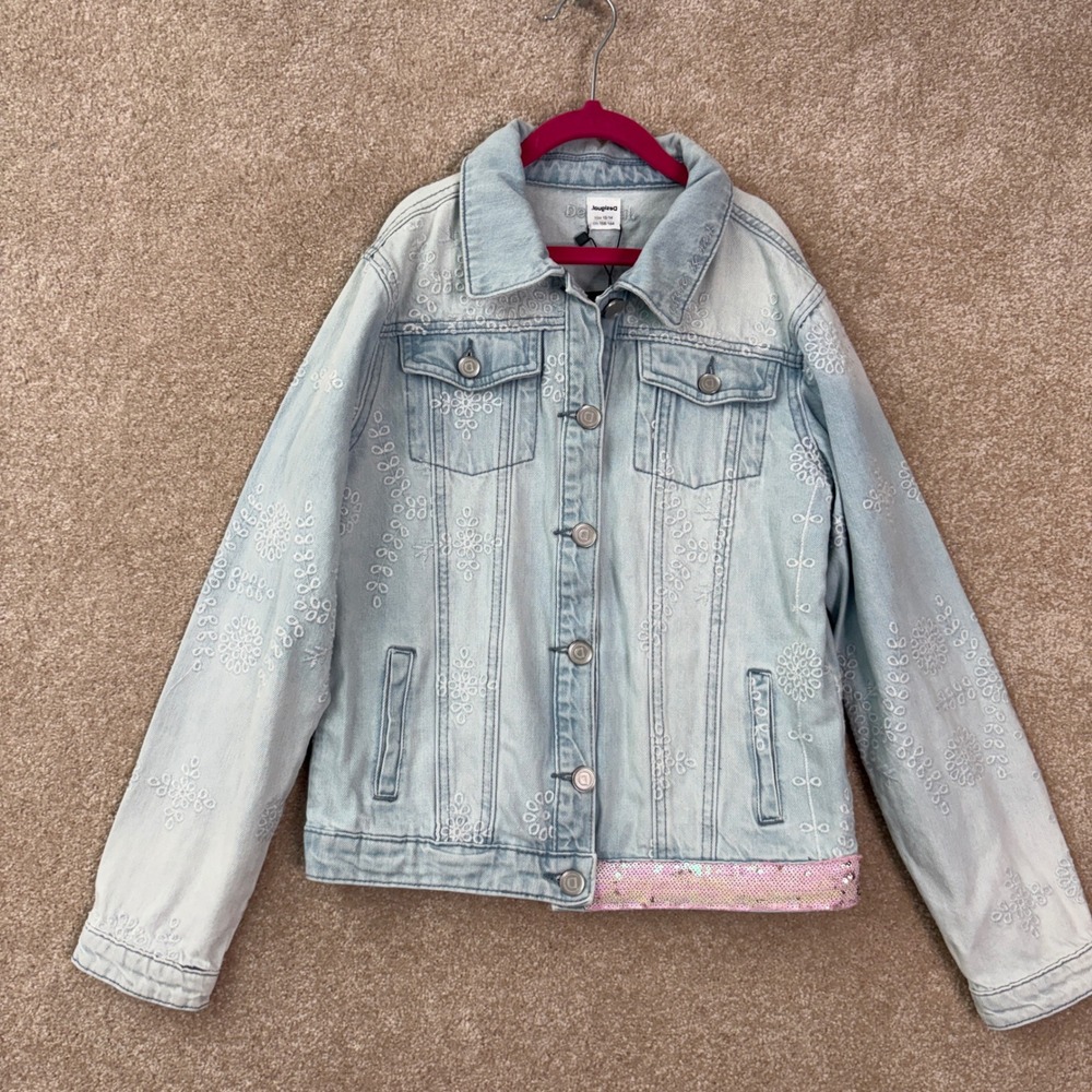 NWT DESIGUAL Denim Jean Jacket Kid's Girls 13/14 Eyelet Embroidered Sequin